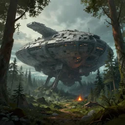 a giant megastructure spaceship wrecked and lost in the forest, a small fire in the distance, detailed digital art by greg rutkowski.