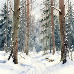 Winter forest, high quality watercolors, award winning, trending on ArtStation