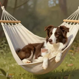 brown border collie relaxing in a hammock drinking hot chocolate, digital painting