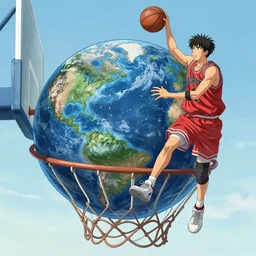 Planet earth dunk in basket by a basketball player, extra detailed, digital illustration, by Makoto Shinkai and thomas kinkade, digital painting, Matte painting, trending on artstation and unreal engine