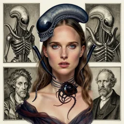 a beautiful portrait of natalie portman with a xenomorph queen by h.r. giger and by arthur rackham and by john william waterhouse, detailed, proportional, trending on art station, 4k