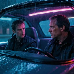 close - up of characters talking inside neon - lit hovercar. architecture by syd mead. thick rain. grizzled. screenshot from the liveaction cyberpunk detective show. moody. masterpiece, magnum opus, monumental achievement, classic gem. octane render. nvidia amd graphics demo. lighting by james gurney. trending. artstation cgsociety behance. 4 k. beyond style stylish polished slick smooth spectacle spectacular fantastic staggering stunning flashy.