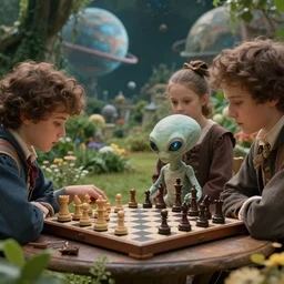 sharp, highly detailed, film from a 2 0 1 9 sci fi 8 k movie, set in 1 8 6 0, a family playing chess with a small cute humanoid alien, in the garden on an alien planet, wearing 1 8 6 0 s clothes, atmospheric lighting, in focus, reflective eyes, 3 5 mm macro lens, live action, nice composition