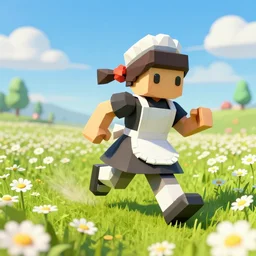 ( ( low poly ) ) playstation 1 9 9 9 running ( ( anthropomorphic ) ) ( ( lurantis ) ) maid wearing a hat standing in a ( field of daisies ), mount coronet in the distance digital illustration by ruan jia on artstation