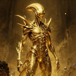 exquisite imaginative alien creature poster art, gold, movie art, by lucusfilm, weta studio, alphonso mucha, james jean, frank frazetta, 8 k, denoised