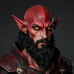 dnd portrait of a tiefling, male, red scales, a big black beard, completely golden eyes,
