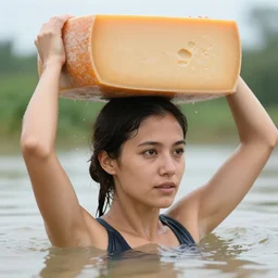 closeup potrait of a woman carrying a wheel of cheese over her head in a flood in Amsterdam, photograph, natural light, sharp, detailed face, magazine, press, photo, Steve McCurry, David Lazar, Canon, Nikon, focus