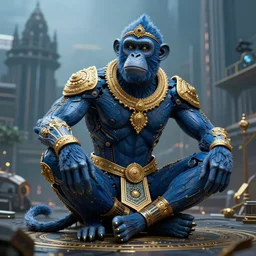 high quality 3 d render brutalist cyborg! muscular man monkey blue hybrid sitting, gold madhubani, highly detailed, cyberpunk!! mumbai in the background, unreal engine cinematic smooth, szukalski & blade runner, moody light, low angle, uhd 8 k, sharp focus
