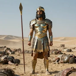 ancient assyrian lord of battle, clothed in shattered bronze armor surveying a field of broken bodies