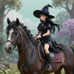 The black-haired young witch travels on her horse to the land of dreams, unreal engine 4
