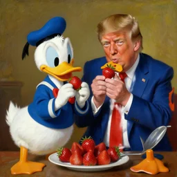 donald trump and donald duck eating strawberries together, painting by rembrandt