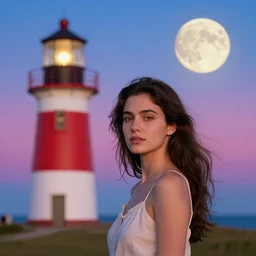 beautiful woman faces camera. lighthouse. colourful. full moon realistic
