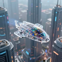 a translucent miniature spaceship made of microscopic, multi-colored glitter flies between skyscrapers in a cyberpunk city of the future