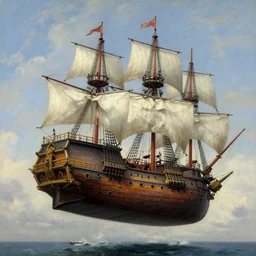 a large flying pirate airship, 1 8 th century, realist painting, beautiful, highly detailed