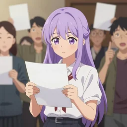 anime girl with lavender hair holding a paper, a crowd who wants that paper