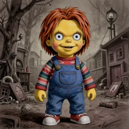 grunge drawing of chucky by - the simpsons , loony toons style, horror themed, detailed, elegant, intricate
