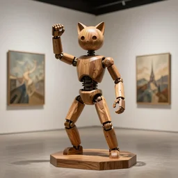 3D octane render ultra 8K photorealistic hyperdetailed unreal engine ,a sculpture wooden a mystical robot of the bohemian with cat’s ears in a zen rebelle heroic pose ,concept art ,trending on cgsociety ,artwork masterpiece , in a contemporary art gallery in neo Paris by