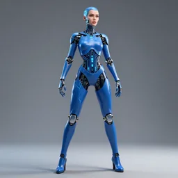 a beautiful female robot human hybrid wearing a blue latex jumpsuit, circuitry glowing through the suit like tron, face, torso, legs, feet, full body epic angle, octane render, photo realistic, hyper realistic, 8 k resolution in the style of alvin schwartz