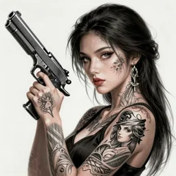 tattooed yakuza girl holding a gun, intricate, elegant, highly detailed, digital painting, artstation, concept art, smooth, sharp focus, illustration, art by artgerm and greg rutkowski and alphonse mucha and william - adolphe bouguereau