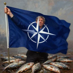 donald tusk waving a flag that has dark blue field charged with a white compass rose emblem, with four white lines radiating from the four cardinal directions. surrounded by dead fish, oil painting, 2 d hd, artstation, wallpaper, epic, graphic novel