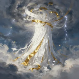Storm of white ribbons and gold scrolls. Clouds, lighting. Fantasy, digital painting, HD, 4k, detailed, vibrant.