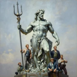 a giant statue of poseidon holding trident mecha, tim hildebrandt, wayne barlowe, bruce pennington, donato giancola, trending on artstation, cinematic composition, beautiful lighting, hyper detailed, 8 k, oil on canvas