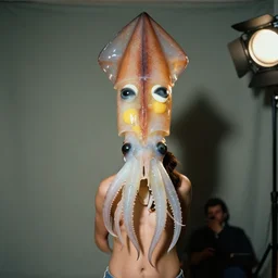 a perfect photograph from the 1 9 7 5 world squid impersonator competition, held in jerusalem. the winner is resplendent with a gelatinous face elongated and greasy like a brilliant boiled egg. studio lighting, formal paparazzi style.