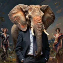 a portrait of an elephant headed businessman with background scenery by juergen teller, iris van herpen