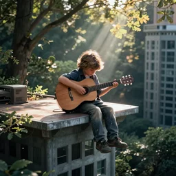 a little sad boy with a guitar in his hands sits on a platform of a high skyscraper in the forest