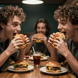 hamburger eating people, parody horror movie high quality screenshot upload, professional photography, canon lens