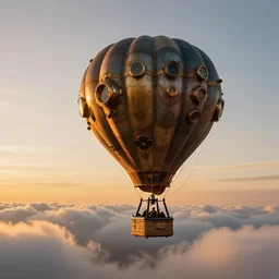 steampunk hot air balloon, skimming along clouds, sunset, beautiful composition.