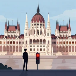 man standing at the hungarian parliament and looking at the red light in front of him, cinematic view, detailed, vector art, high detail, warm lighting, volumetric, godrays, vivid, beautiful, trending on artstation, by jordan grimmer, huge scene, grass, art greg rutkowski