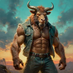 muscular minotaur in modern casual clothes , backlight  body , extreme very textured detailed intricate  painting by rembrandt, sunset, dramatic clouds cyan atmosphere