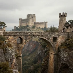 Stone arch as bridge connecting two sides over the canyon, in the distance big ancient castle with destroyed tower on the right, highly detailed, matte painting, wide lens, overcast sky, ultra realistic, 4k, 8k resolution, trending on artstation, octane render, unreal engine, cinematic