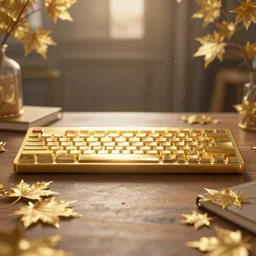 on the table there is a golden keyboard, golden maple leaves and a notebook, sharp focus, ffxiv, neo classic, bloom, movie still, sony, symmetrical, depth of field, architect, better homes, lens flare, studio light, octane render, home decor, unreal engine, traditional, vsco, bokeh, 8 k