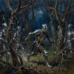errand knight being chased by chivalry soldiers inside a very thorny and clustered woods, oil painting, nightime,