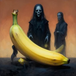 something strange in my large banana, by zdzislaw beksinski, by dariusz zawadzki, by wayne barlowe, gothic, surrealism, cosmic horror, lovecraftian, cold hue's, warm tone gradient background, concept art, beautiful composition