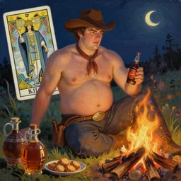 a serene, ethereal painting of a handsome mischievous thicc shirtless cowboy with a beer belly | night scene with campfire | food and jugs of whisky in the foreground | tarot card, art deco, art nouveau | by Ivan Bilibin | trending on artstation