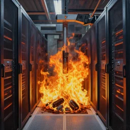 a painting of inside of a high end data center that's caught fire!!!!!!!, fire on data center