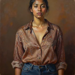 detailed portrait in femininity, ethnic, realistic face sculpted features, statuesque model, modern fashion, unbuttoned paisley button down shirt, camisole and jeans, warm glow, supple, bathed in light, chiaroscuro, specular highlights, angular impressionism, radiosity, natural color scheme, deep rich tones, contemporary art, oil on canvas
