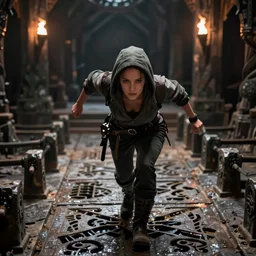 kate beckinsale as dnd thief sneaking forward through gauntlet full of death traps, full body in bottom half of frame, detail clear face, carved floor, torch above, old wet dungeon, fantasy digital art, sharp, high detail, octane render, unreal engine 5, 4k