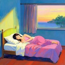 a woman sleeps in levitation above her bed vibrant by akihiko yoshida and edward hopper 4 5 6 4 5 6 4 6 5 4 6 5 s