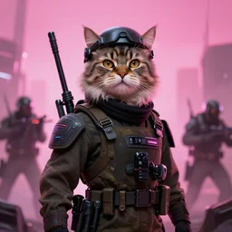 a portrait of a futuristic cyberpunk british longhair cat soldier in war scene, epic scene, epic lighting, pink vibe, by greg rutkowski