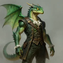 dnd character concept portrait, scaly dragonborn male with lizard eyes, green scales, merchant, green fins, 1 7 th century fancy suit, detailed, high quality, dynamic lighting, fantasy, artwork by artgerm, wlop, alex ross, greg rutknowski, alphonse mucha