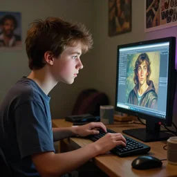 A teenager using the computer at this 2000's teenager room, digital painting, artstation, concept art, donato giancola, Joseph Christian Leyendecker, WLOP, Boris Vallejo, Breathtaking, 8k resolution, extremely detailed, beautiful, establishing shot, artistic, hyperrealistic, octane render, cinematic lighting, dramatic lighting, masterpiece, light brazen, extremely detailed and beautiful face