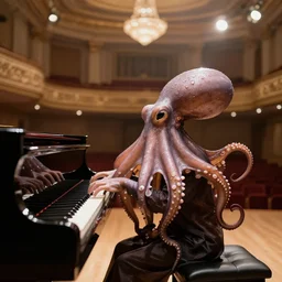 octopus playing piano, concert hall, photorealistic, 4 k, sunlight
