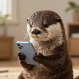 an anthropomorphic otter using an android phone at home