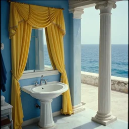 movie still of a blue neoclassical bathroom with yellow drapery with columns next to the ocean, cinestill 8 0 0 t 3 5 mm, heavy grain, high quality, high detail, isometric view