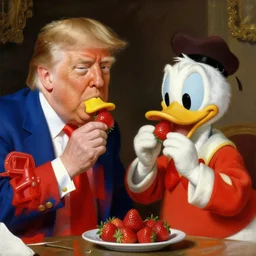 two shot angle of donald trump and real - life donald duck eating strawberries together,!!!! painted by rembrandt!!!!
