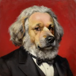 portrait of a dog that looks like Karl Marx in front of a red background oil painting